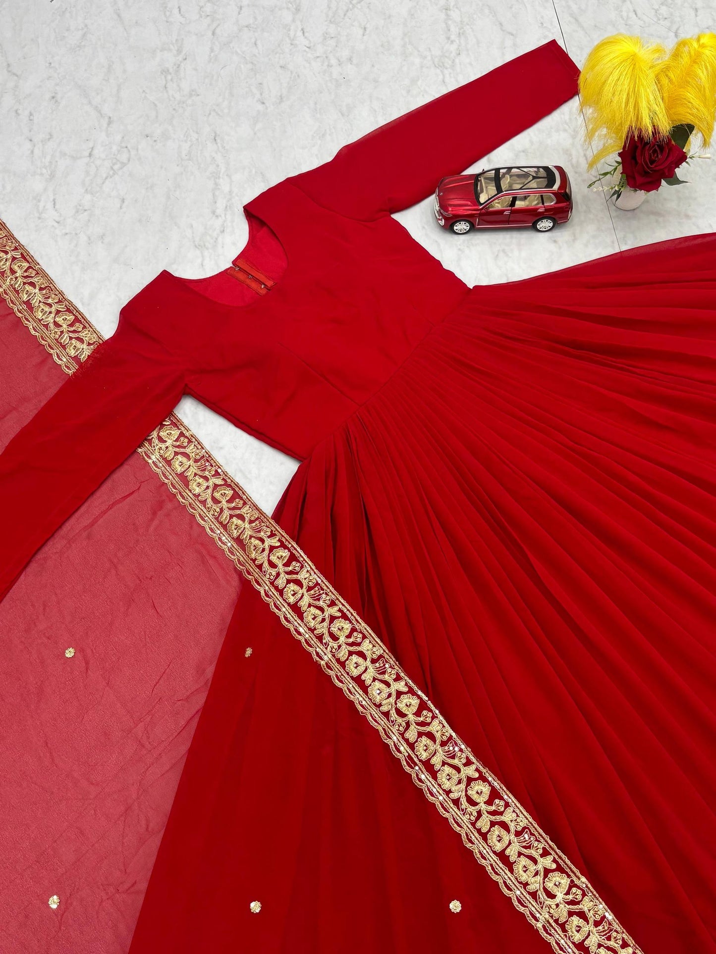 Red Color Fox Georgette Embroidery Work Gown