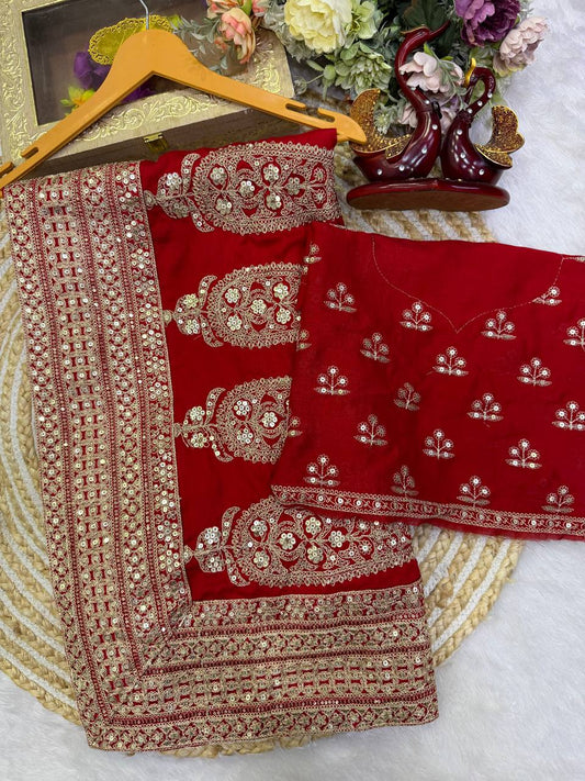 Blooming Vichitra Silk Embroidered Saree Set