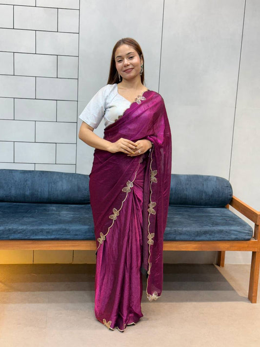 Rich Space Silk With Daimond Butterfly Work Saree