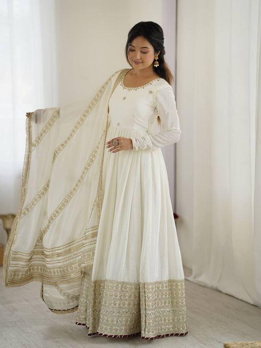 White Color Chinon Silk Thread Work Gown