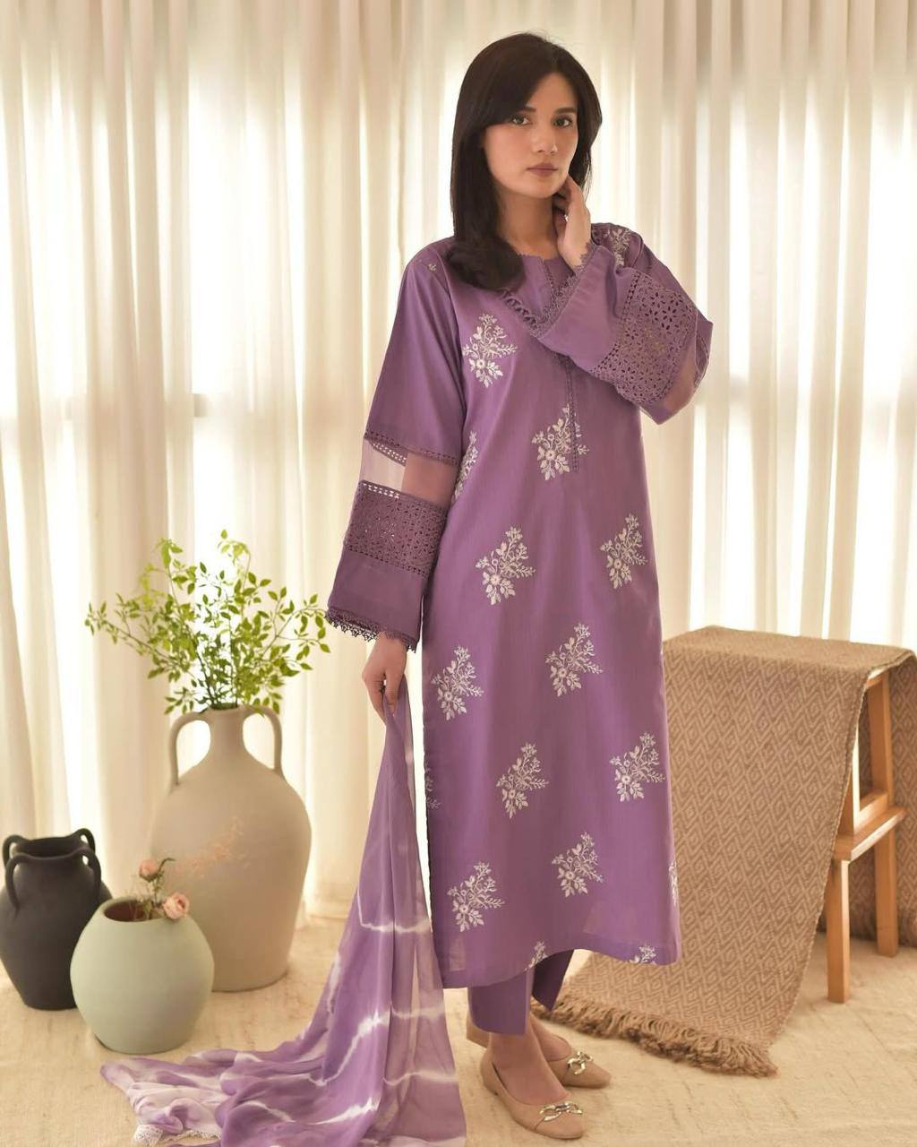 Pink Color Roman Silk Embroidery Work Top Pent
