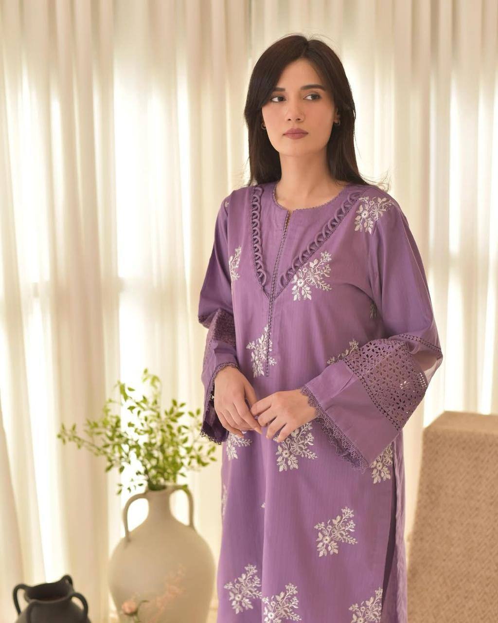 Pink Color Roman Silk Embroidery Work Top Pent