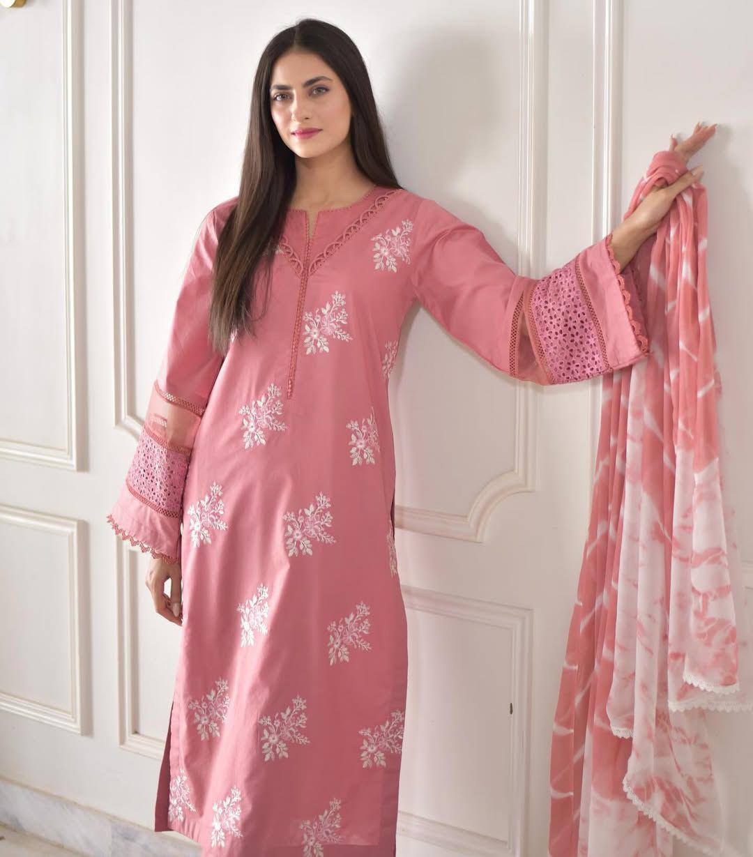 Pink Color Roman Silk Embroidery Work Top Pent