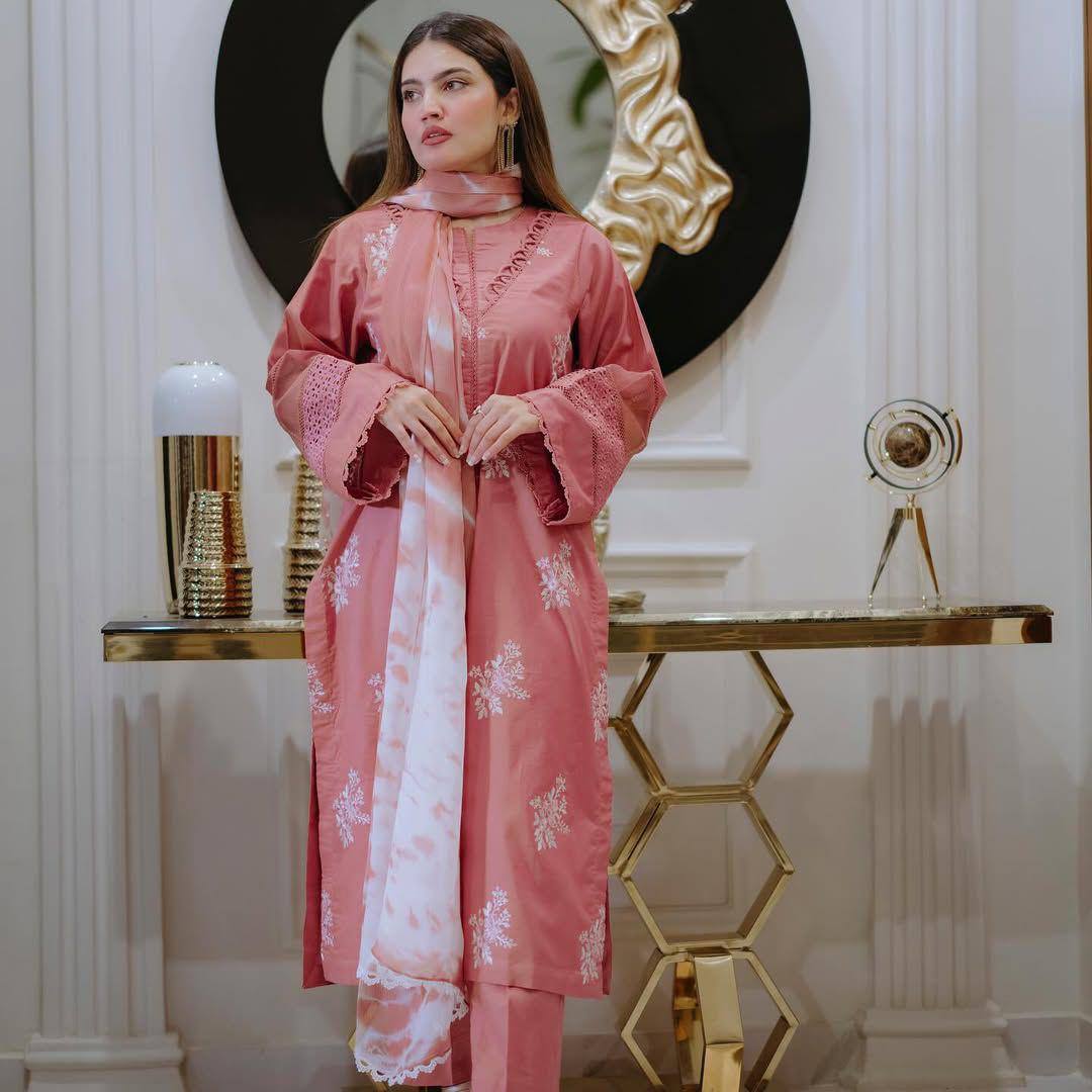 Pink Color Roman Silk Embroidery Work Top Pent