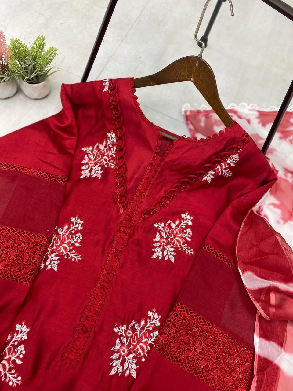 Pink Color Roman Silk Embroidery Work Top Pent