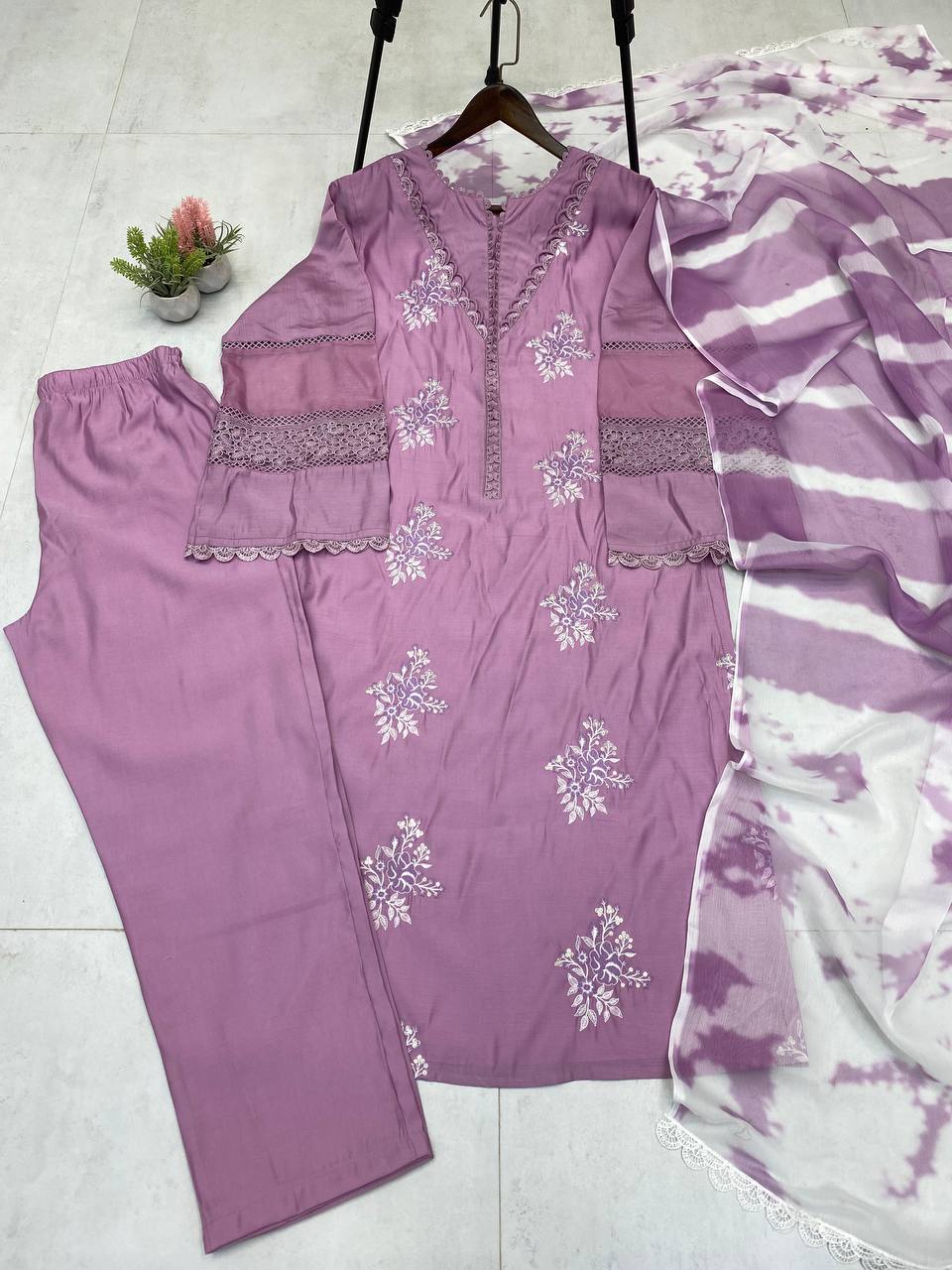 Pink Color Roman Silk Embroidery Work Top Pent
