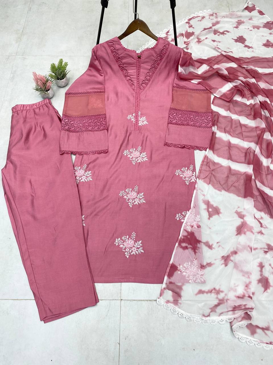 Pink Color Roman Silk Embroidery Work Top Pent
