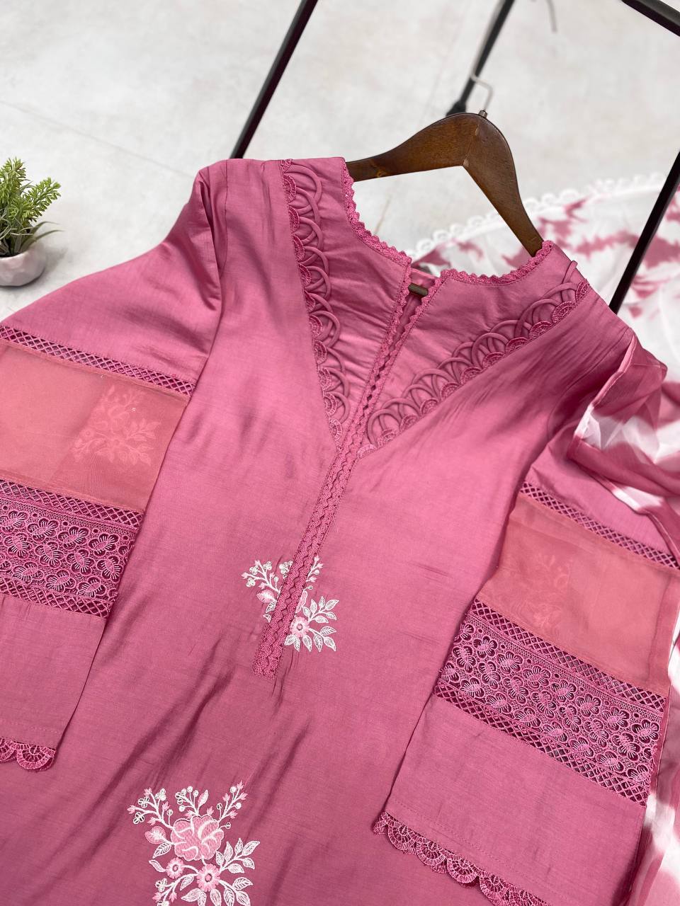 Pink Color Roman Silk Embroidery Work Top Pent