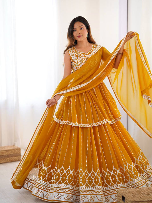 Orange Color Faux Georgette With Sequence Work Top Lehenga