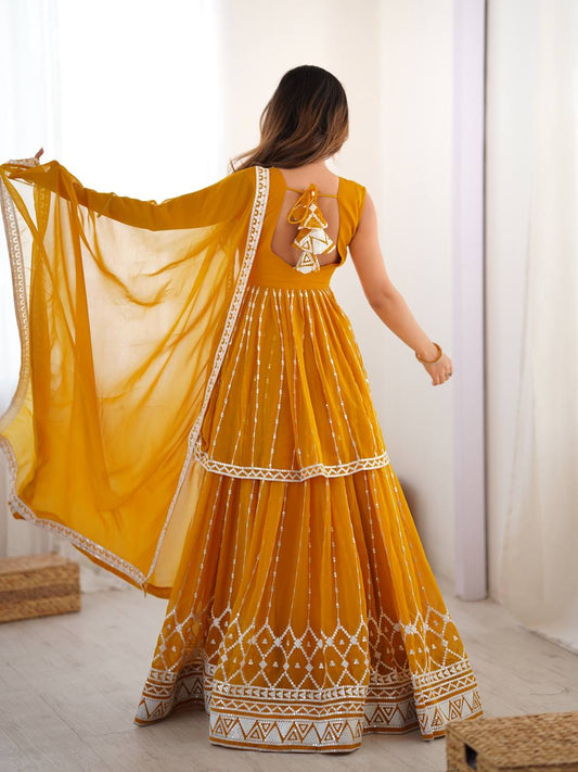 Orange Color Faux Georgette With Sequence Work Top Lehenga