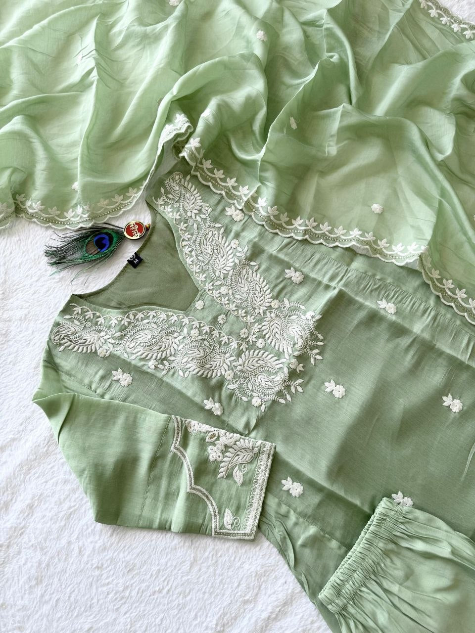 Pista Color Mul Chanderi Embroider Work Top Pent