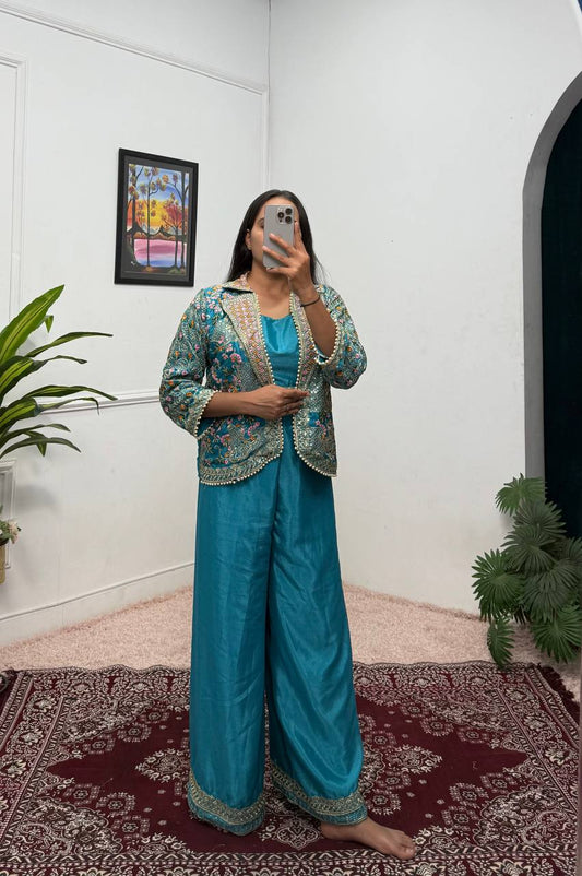 Chinon Fabric With Full Embroidery Work And Moti Lace Work And Free Size Koti Plazzo