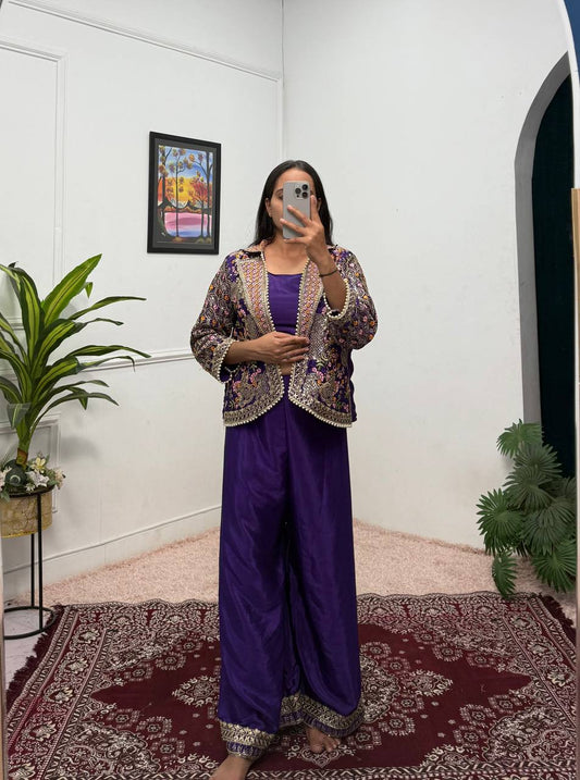 Chinon Fabric With Full Embroidery Work And Moti Lace Work And Free Size Koti Plazzo