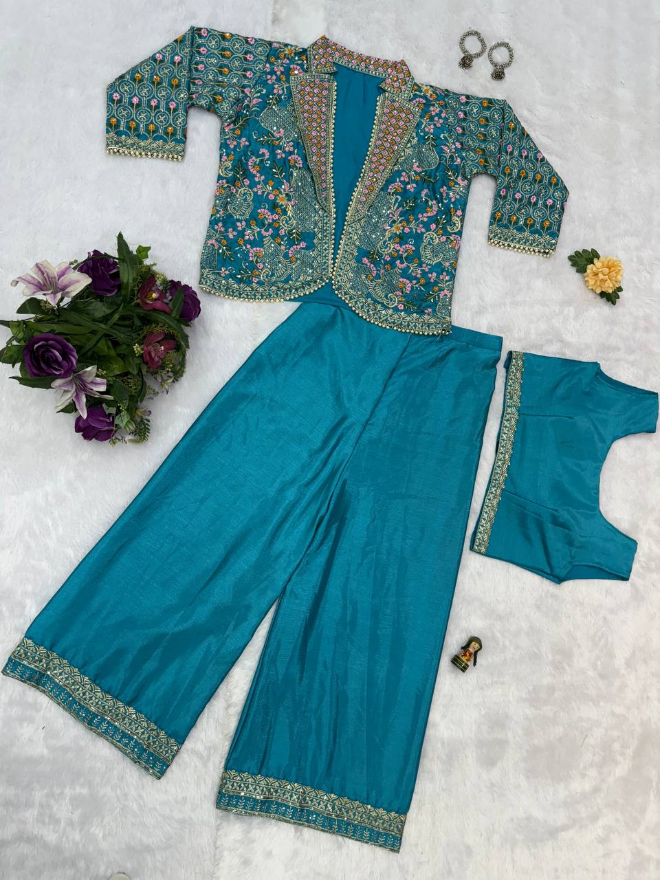 Chinon Fabric With Full Embroidery Work And Moti Lace Work And Free Size Koti Plazzo