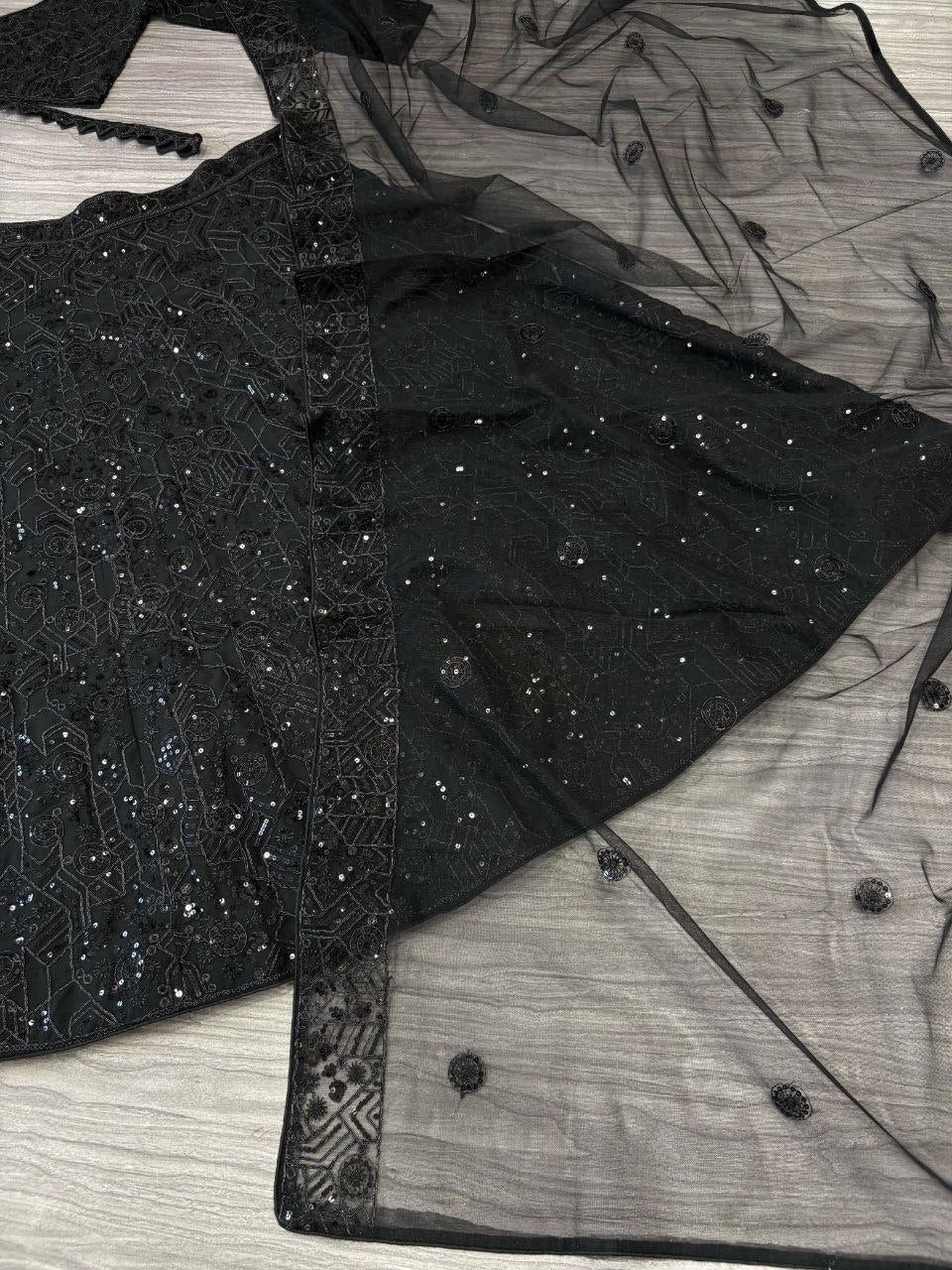 Primium FauxGeorgette Embellished With Thread Embroidery Work And Heavy Sequence Work Lehenga