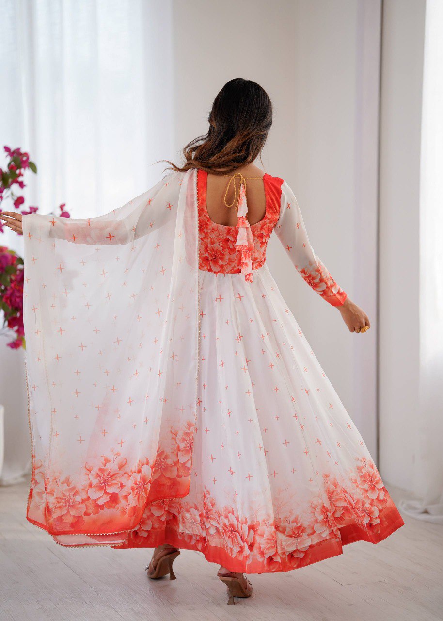 White Color Organza Soft Silk With Digital Print Work Gown