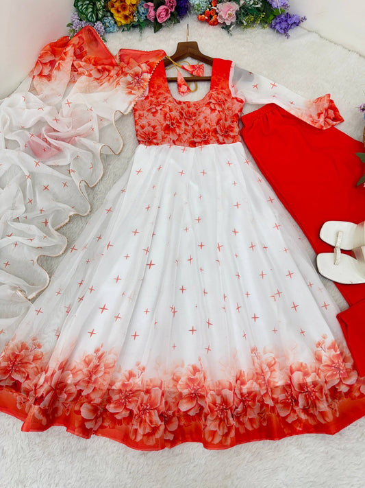 White Color Organza Soft Silk With Digital Print Work Gown