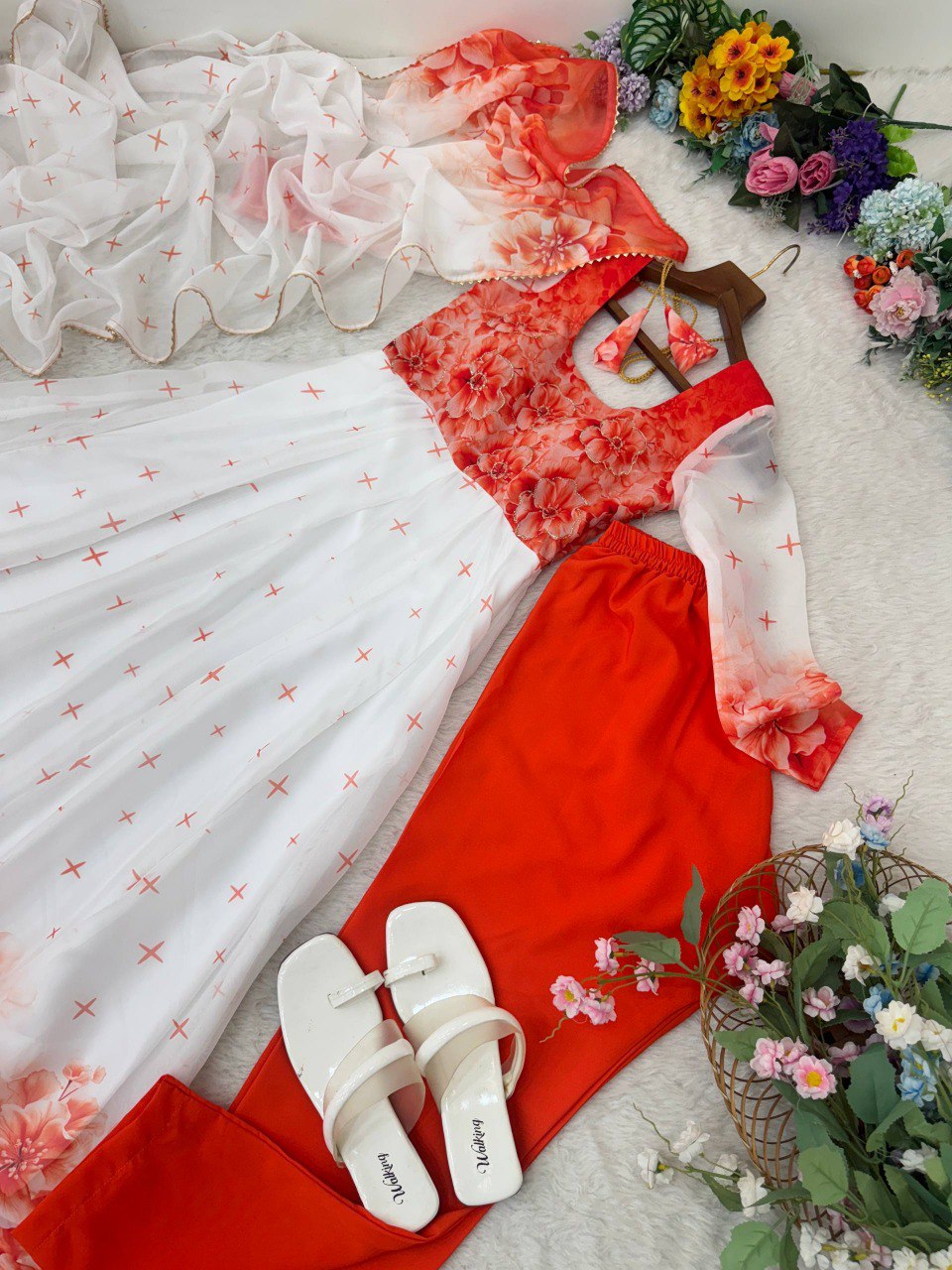 White Color Organza Soft Silk With Digital Print Work Gown