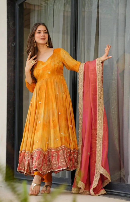 Chinon Silk With Digital Print With Embroidery Sequence Design Work Anarkali Gown