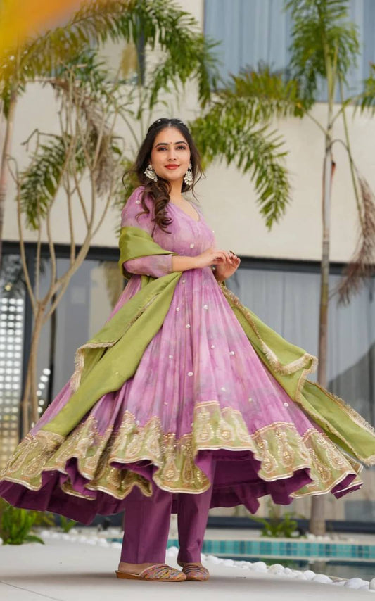 Chinon Silk With Digital Print With Embroidery Sequence Design Work Anarkali Gown