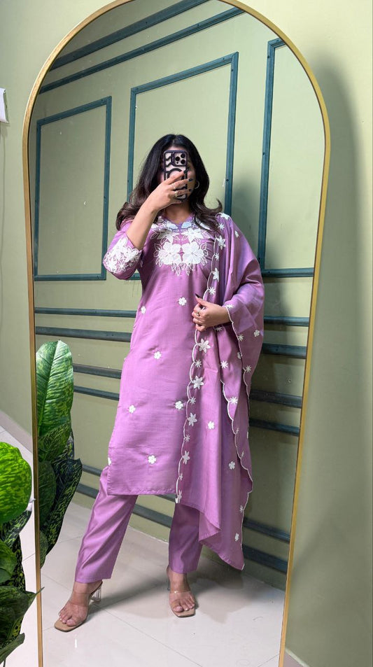 Purple Color Roman Silk Embroidery Work Kurti