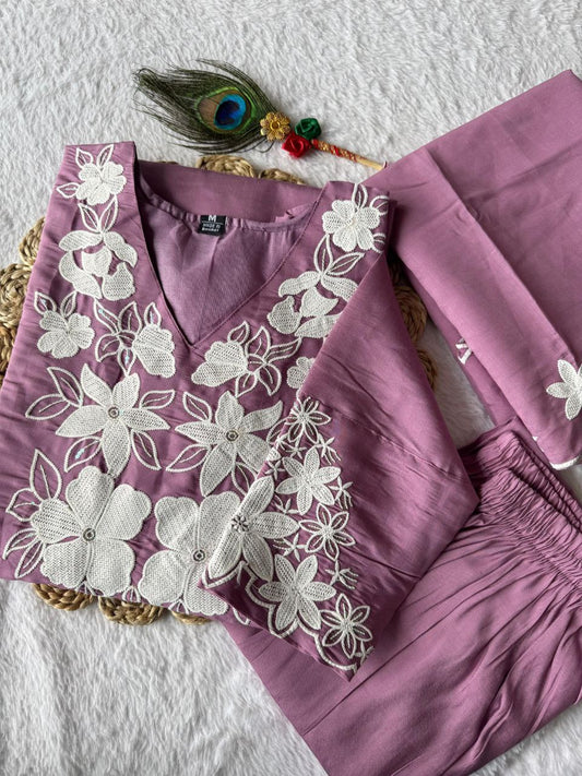 Purple Color Roman Silk Embroidery Work Kurti