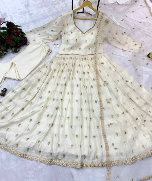 Chimmer Embroidery With Fancy Lace Work Gown