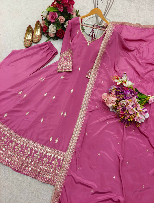 Pink Color Natural Crep With Embroidery Work Gown