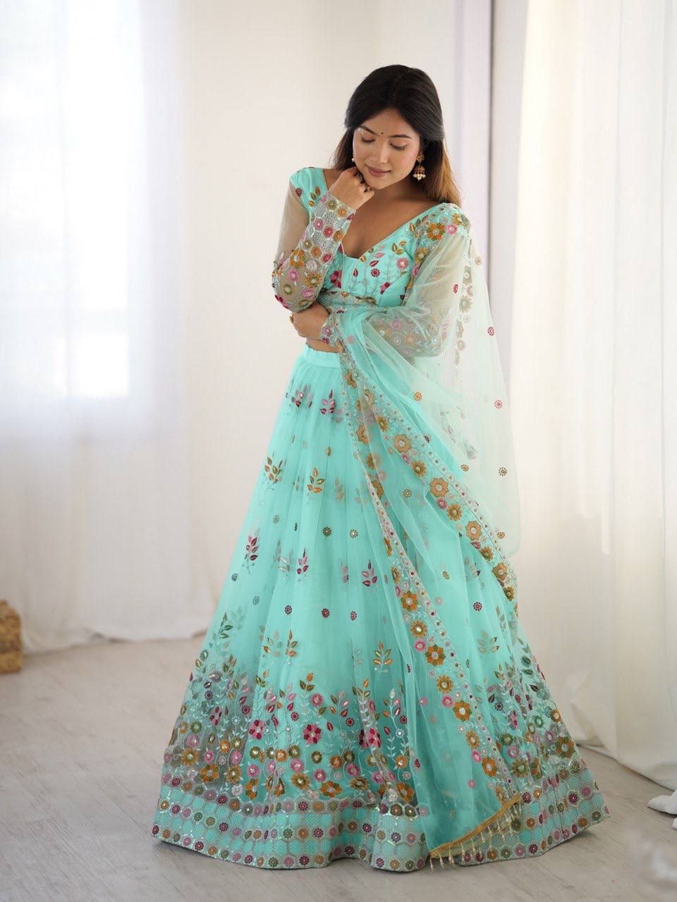 Sky Blue Color Soft Net Thread And Sequence Work Lehenga Choli