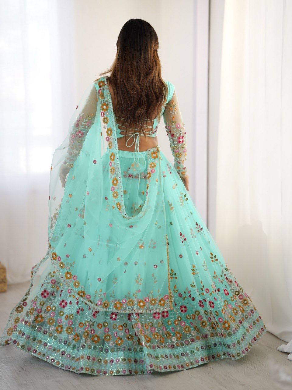 Sky Blue Color Soft Net Thread And Sequence Work Lehenga Choli