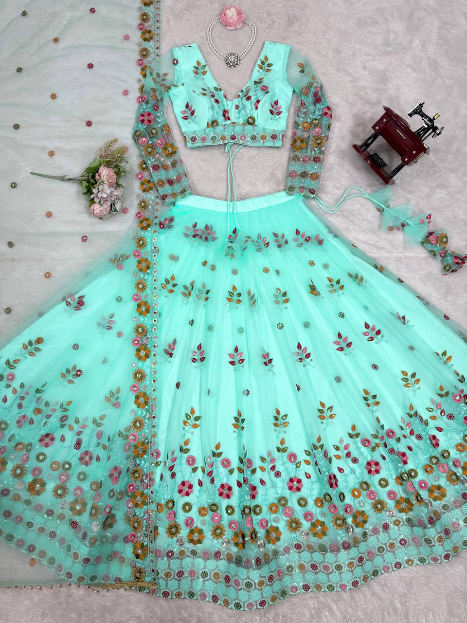 Sky Blue Color Soft Net Thread And Sequence Work Lehenga Choli