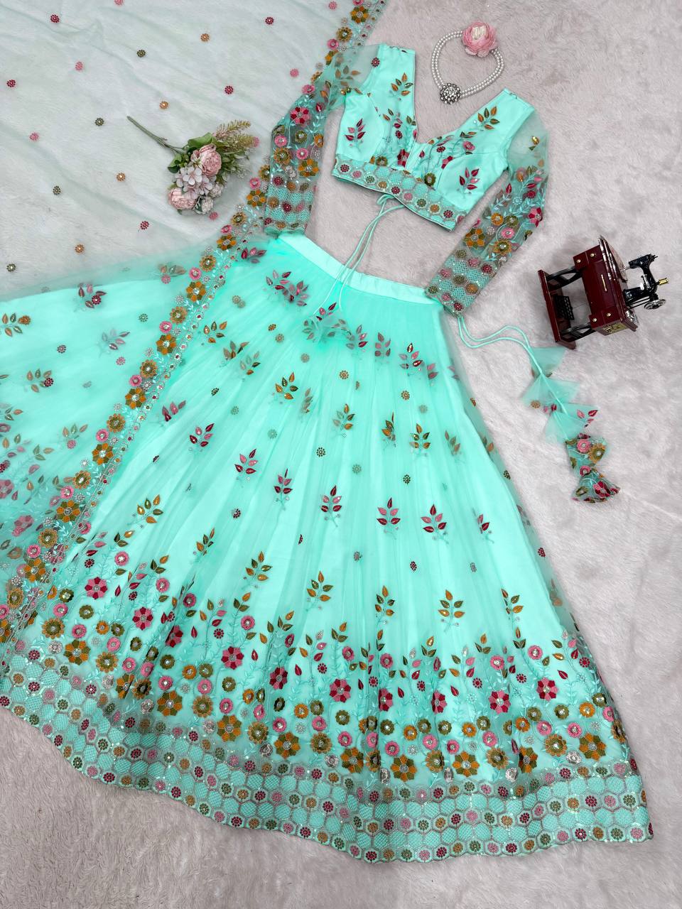 Sky Blue Color Soft Net Thread And Sequence Work Lehenga Choli