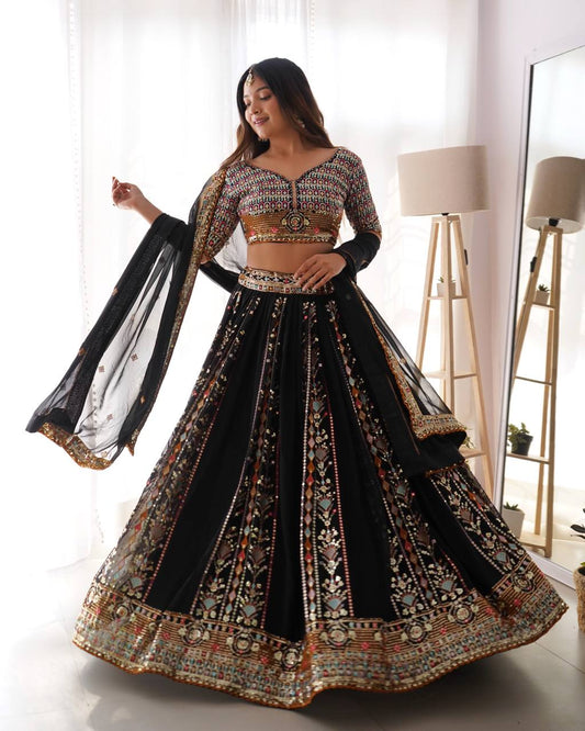 Black Color Faux Georgette Sequence Work Lehenga Choli