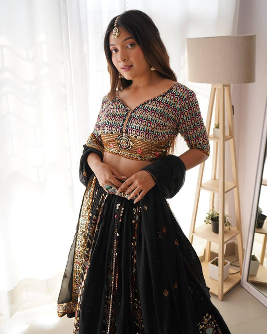Black Color Faux Georgette Sequence Work Lehenga Choli