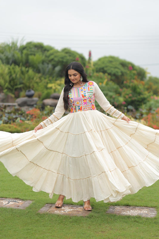 White Color Kora Cotton Multi Thread Embroidery Work Gown