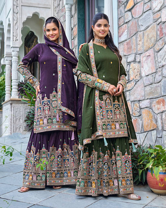 Pure Chinon Silk Heavy Embroidery Work Top Plazzo