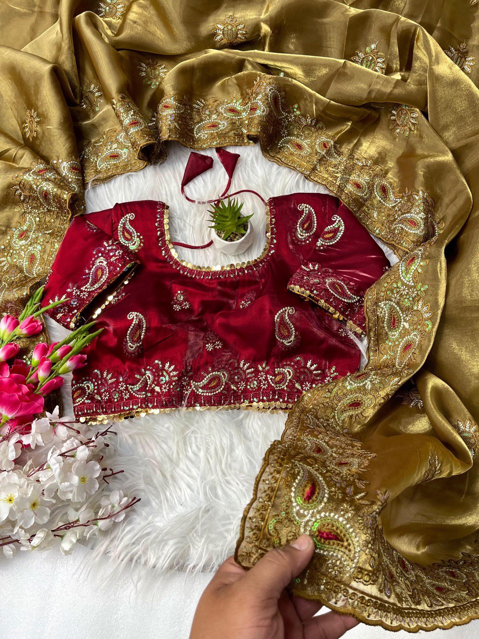 Best Selling Party Wear Jimmy Chu Saree With Stitched Blouse