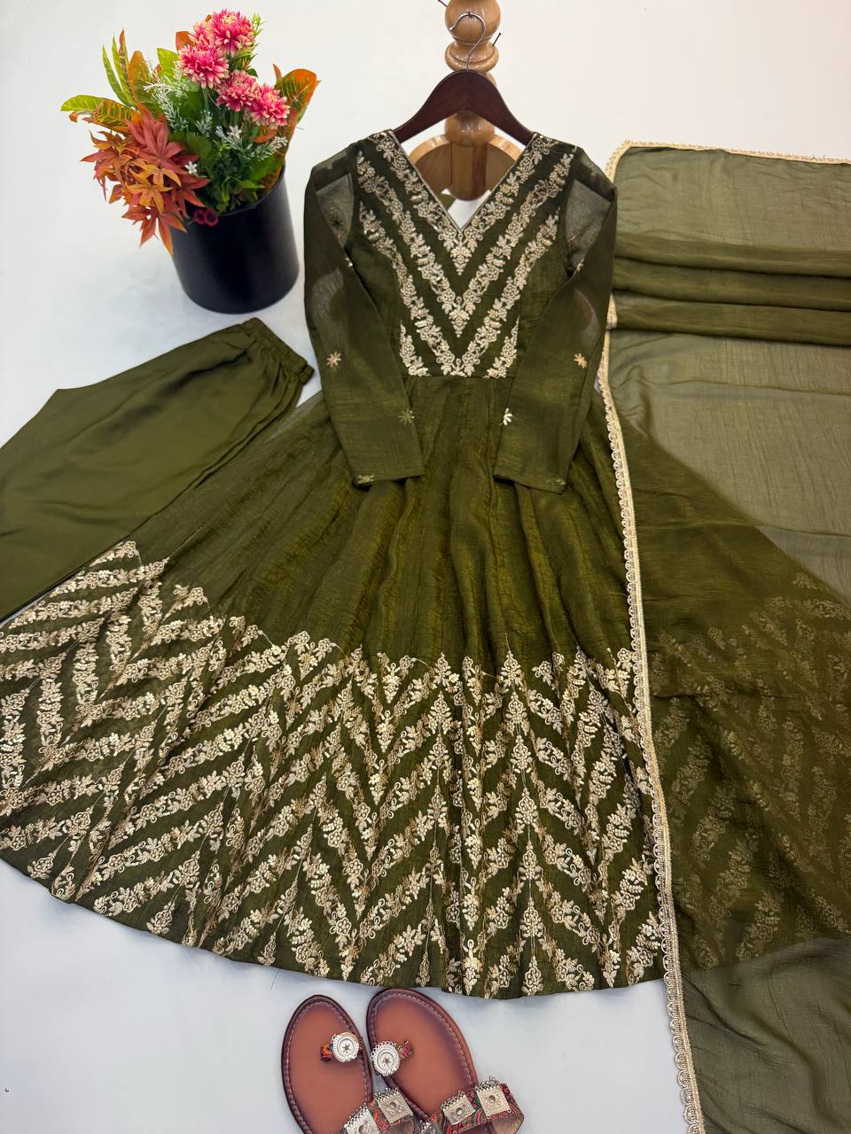 Crunchy Silk Embroidery Sequence Work Gown