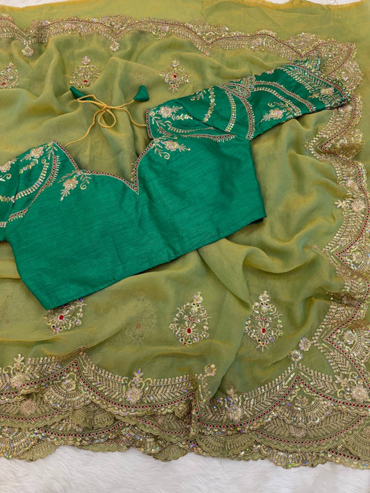 Premium Moss Chiffon Sequence Embroidery Work Saree