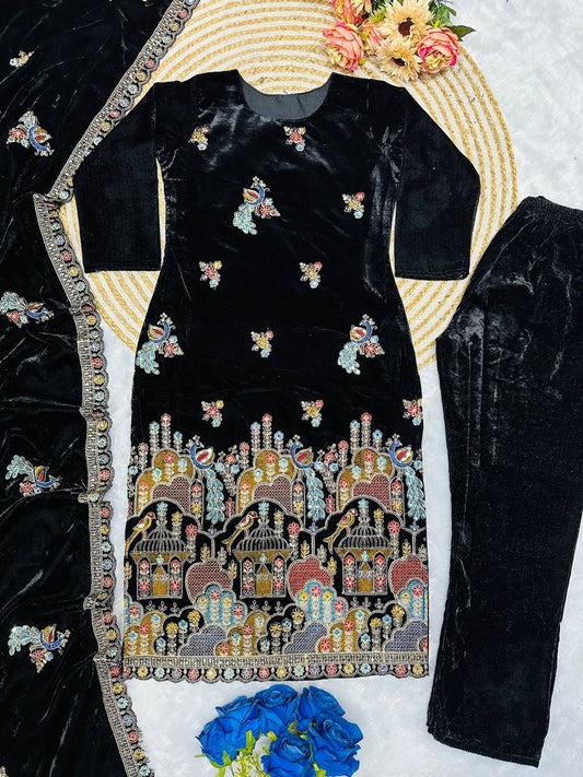 Black Color Havy Viscis Velvet Embroidery Work Top Pent