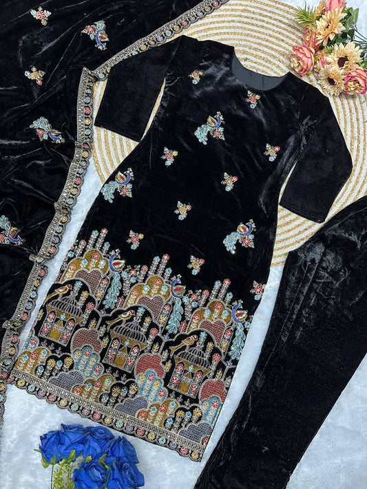 Black Color Havy Viscis Velvet Embroidery Work Top Pent