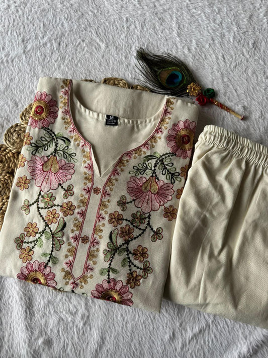 White Color Khadi Cotton Embroidery Work Kurti