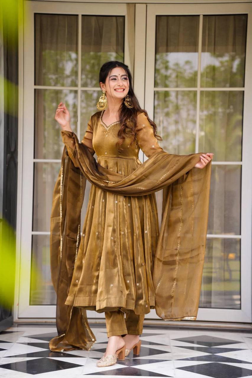 Brown Color Jimi Choo Thread Work Anarkali