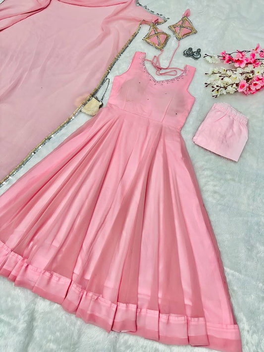 Georgette With Huge Flair And Butter SIlk Fabric With Mirror Lace Work Border Anarkali