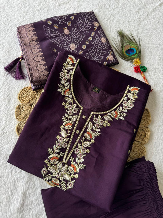 Dark Purple Color Premium Roman Silk Embroidery Work Kurti