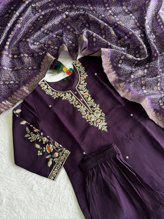 Dark Purple Color Premium Roman Silk Embroidery Work Kurti