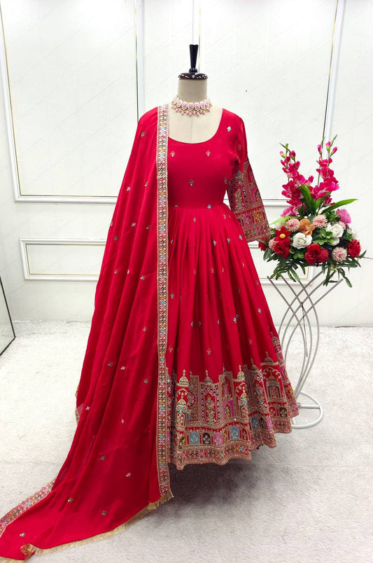 Red Color Coding Dori Work With Chinon Silk Gown