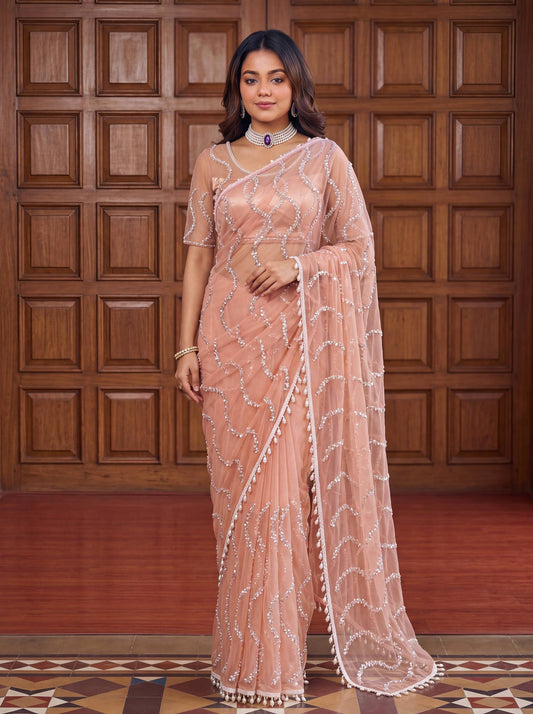 Beautiful Soft Rich Net Embroidery Sequence Pearl Work Saree