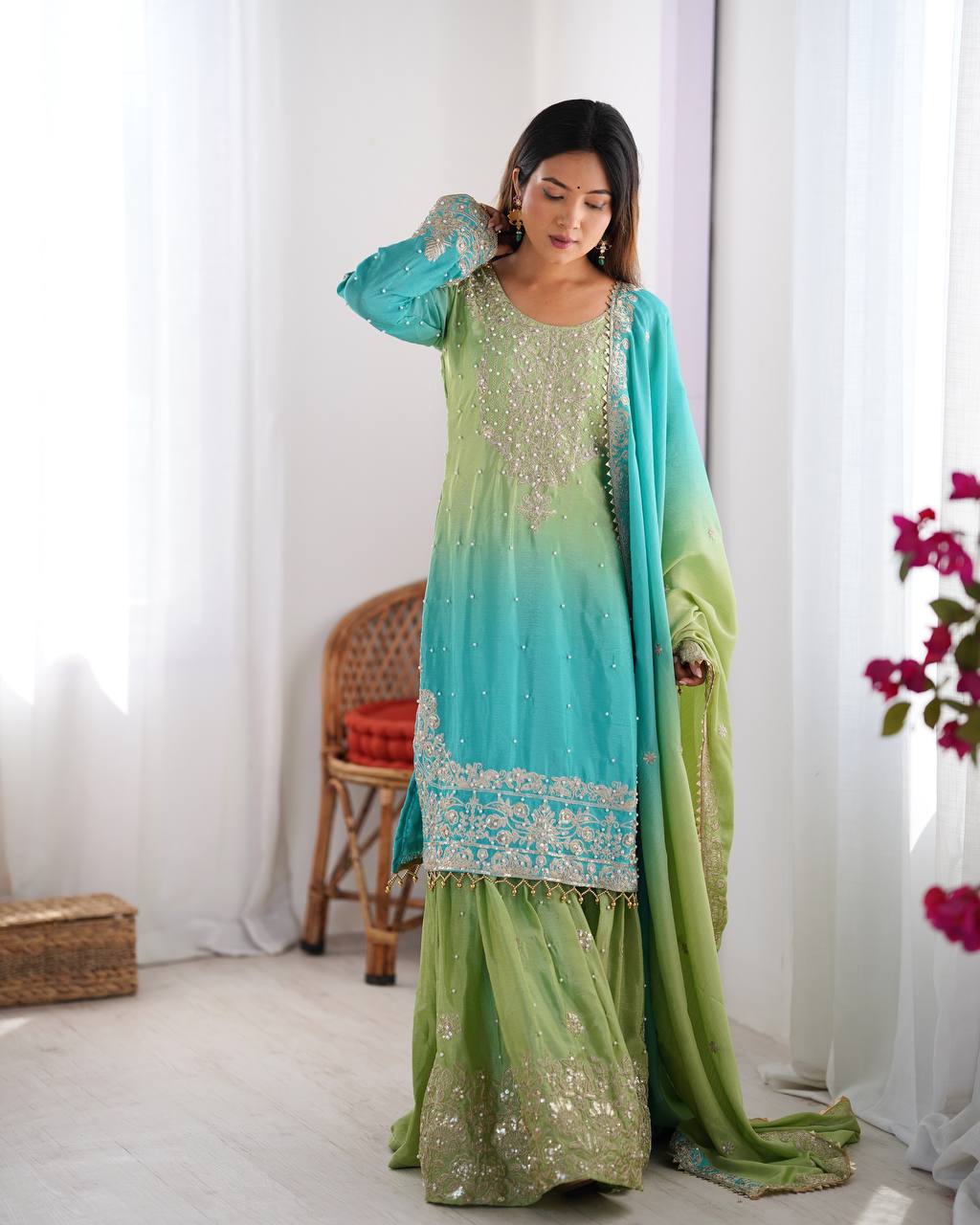 Eid Special With Coding Dori With Sequence Work And Chinnon Silk Rivet Moti Work Suit