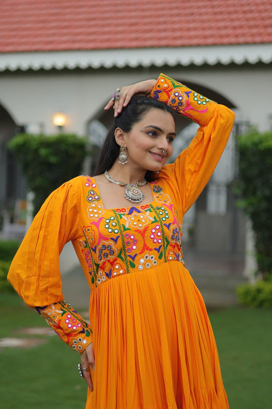 2025 NAVARATRI GOWN KUTCHI GAMTHI WORK WITH 12 METER FLAIR GOWN